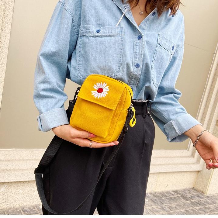 Tas slempang Wanita motif bunga / Tas Musim Panas Kanvas Tas Ponsel Korea Kasual Kecil Daisy 221 –TK