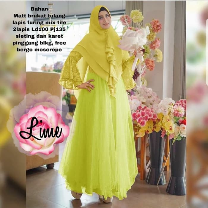 Agra1396 GAMIS SYARI LOVRE LIME BAJU MUSLIM PESTA MEWAH LEBARAN MURAH LOV GBT