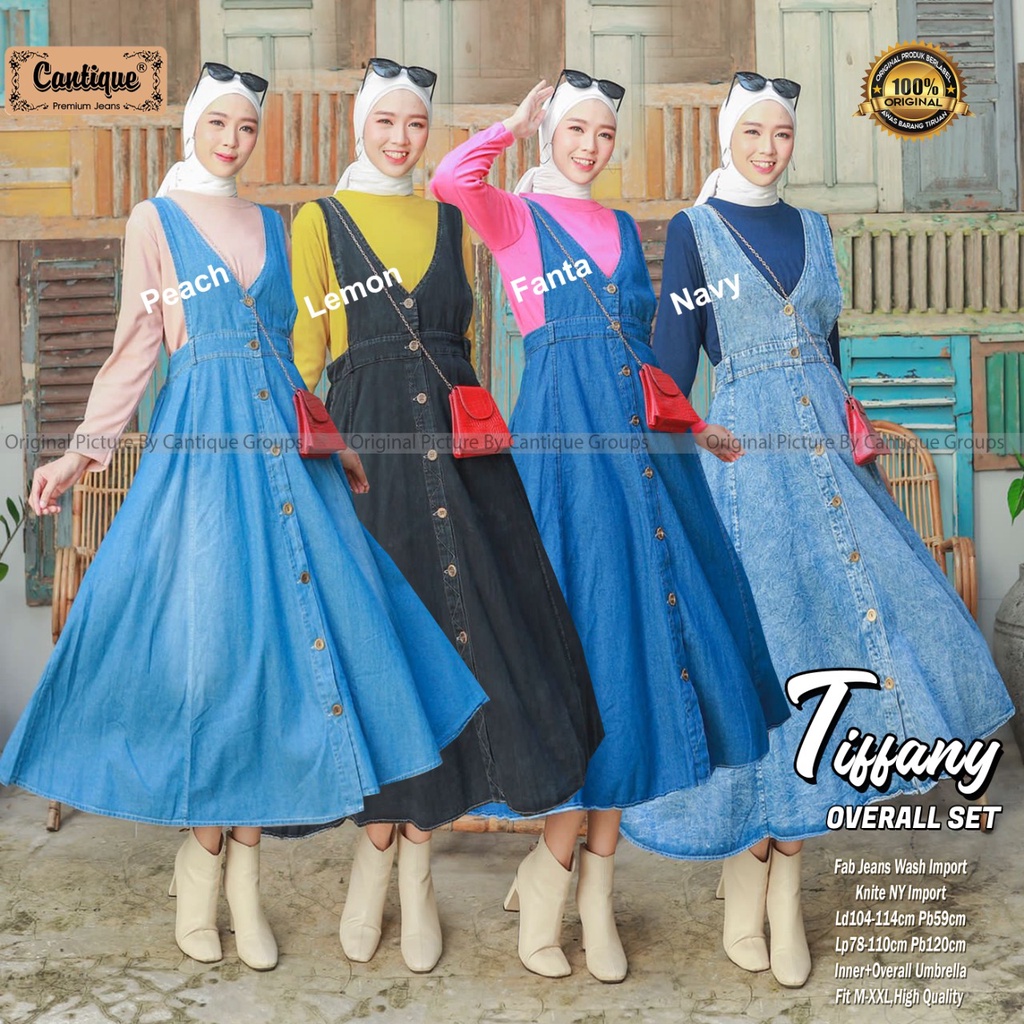 TIFFANY OVERALL SET BY CANTIQUE SETELAN JEANS WANITA CASUAL ONE SET INNER OVERALL UMBRELLA JUMBO JEA