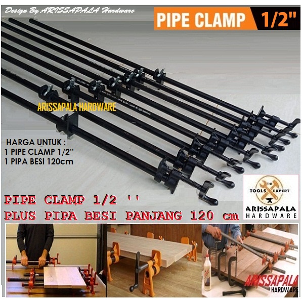 Pipe Clamp Pres Kayu Setengah Inch Plus Pipa Besi Panjang 120 Cm Klem Pres kayu Jati belanda