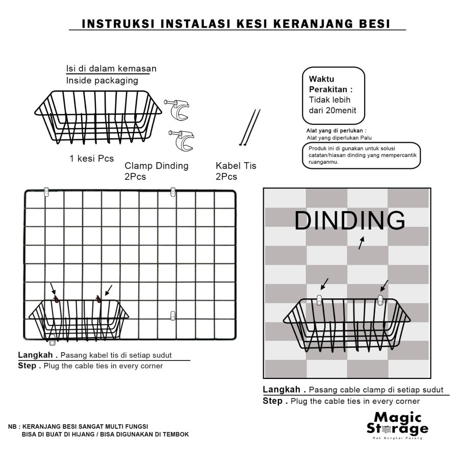 Kesi 24 (BLACK) / Keranjang Besi Gantung  / Tempat Serbaguna Rak Bumbu Dapur / Wall Grid Dekorasi