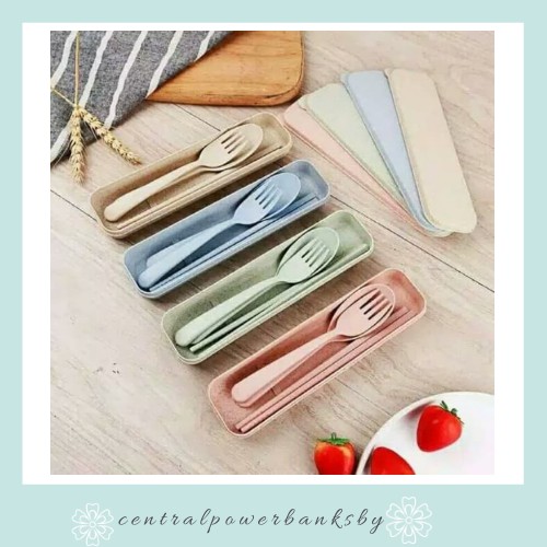 WARNA RANDOM JERAMI GANDUM SENDOK GARPU SUMPIT PORTABLE SET / ALAT MAKAN BAHAN ALAMI JERAMI GANDUM