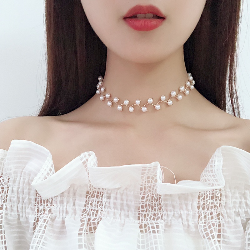 Kalung Choker Rantai Klavikula Hias Manik-Manik Mutiara Kristal Imitasi Gaya Korea Untuk Wanita