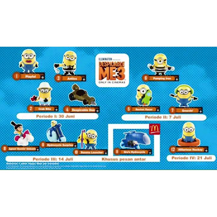 12pcs Despicable Me 3 Minion Mainan Happy Meal McDonald Toy -Baru Segel