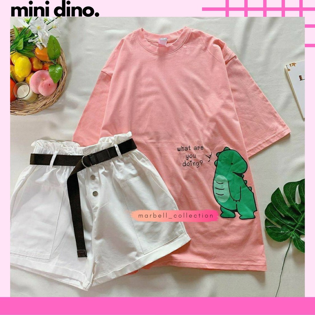 MINI DINO OVERSIZE PUTIH PINK MUSTARD | KAOS WANITA TSHIRT TUMBLR TEE BERSHKA DISNEY