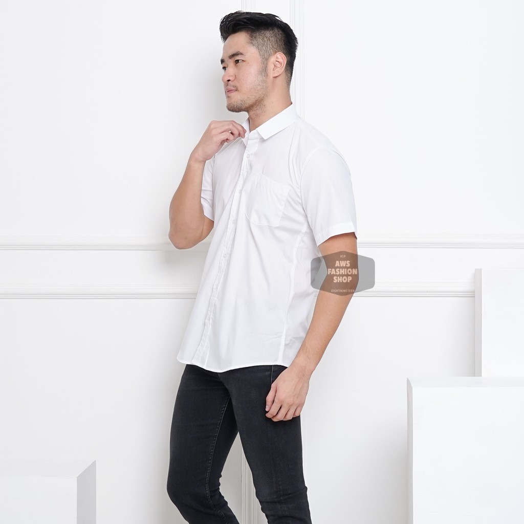 KEMEJA PRIA LENGAN PENDEK COWOK PUTIH POLOS FORMAL CASUAL KEREN 3295