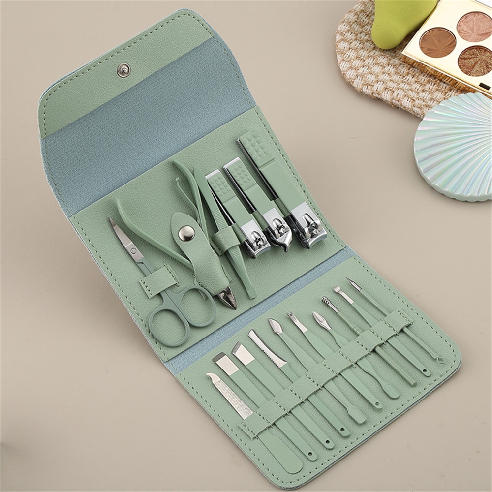 16pcs / Set Gunting Kuku Bahan Stainless Steel Dengan Tas Penyimpanan Bahan Kulit PU