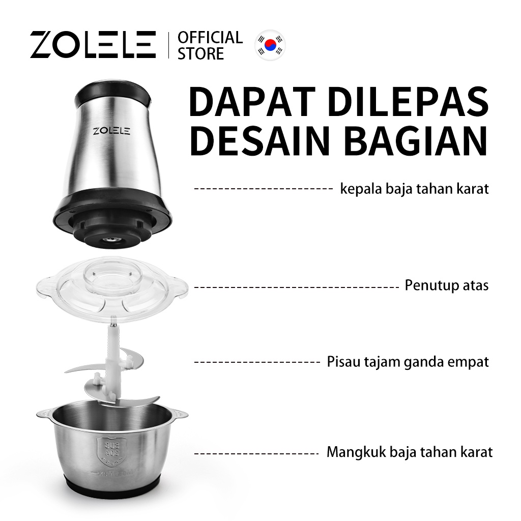 ZOLELE Electric Blender Multifungsi Chopper 2L Alat Pemotong Sayuran Daging 4 in1 Stainless Mesin Penggiling Listrik Kebisingan Rendah Pengaduk Food Vegetable Onion Slicer Penggiling Cabe Cutter Fruit Slicer Grater Processor ZD002