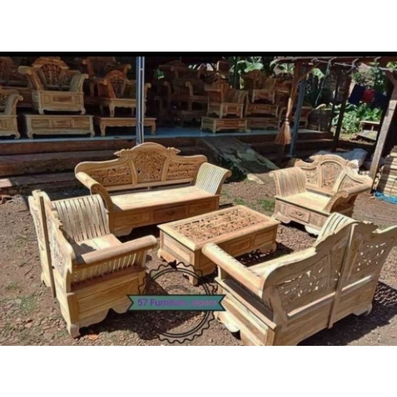 Meja Kursi Tamu Full Ukiran Jepara - Kursi 3211 + Meja Jati Jepara Mentahan