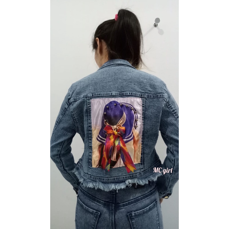 MC girl - Jaket Jeans Premium Crop Sobek Rawis Gambar Pita / Jacket Denim Ripped Body Pendek Rumbai Wanita / Jaket Lepis Koyak Snow Blue Pita 3D