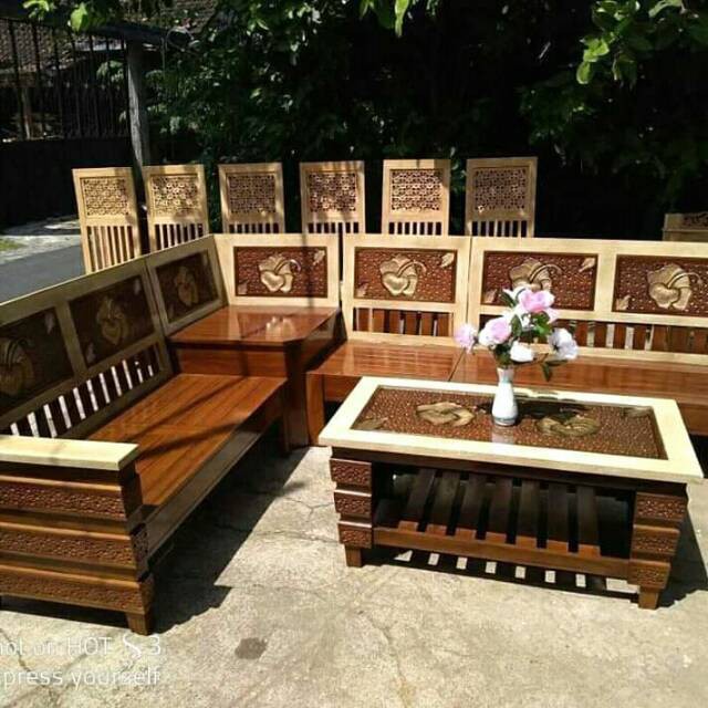 Kursi Tamu Jati Sudut Minimalis - Kursi Tamu Dan Meja Tamu Pojok Ukiran Jepara - Sofa Teras Jati