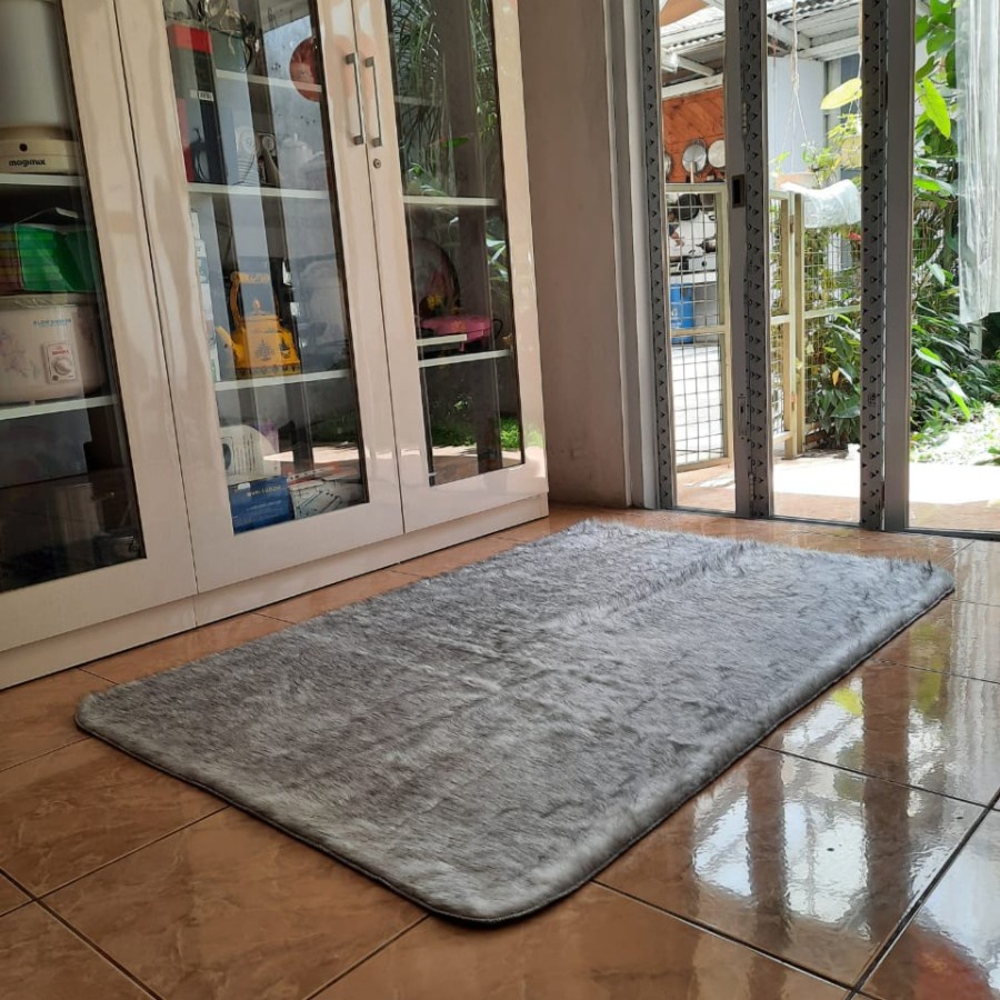 Karpet Bulu Panjang Elf Fur 100x150 Tikar Lantai Anti Slip Silver Grey-1
