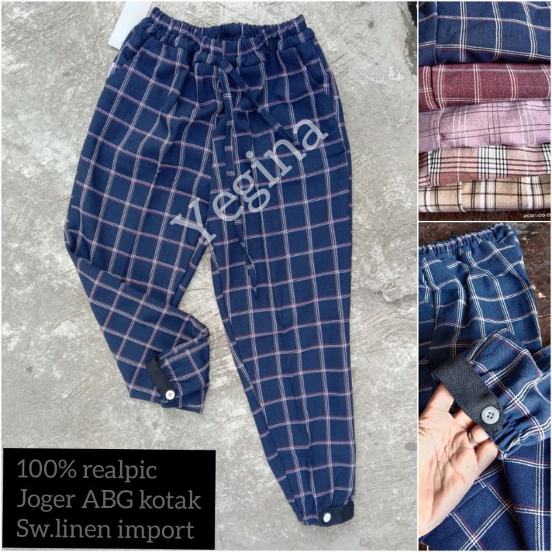 celana joger kotak ABG tanggung model kaki kancing bahan semiwoll linen import