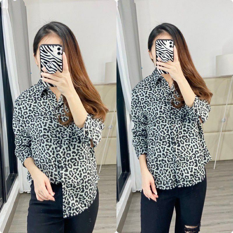KEMEJA WANITA JUMBO OVERSIZE MOTIF LEOPARD XXXL LD 120