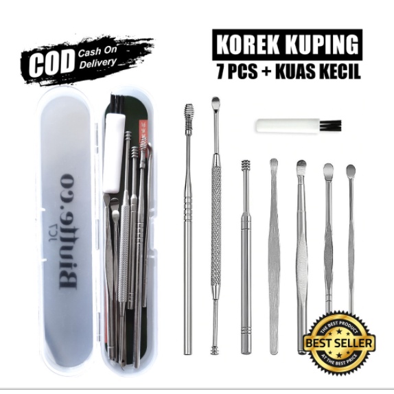 [COD] Korek Kuping Stainless Steel Anti Karat Alat Pembersih Telinga Set 7 PCS + Brush  merk Biutte.co