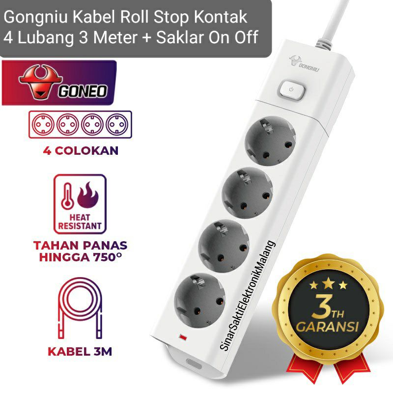 Gongniu Kabel Roll Stop Kontak 4 Lubang 3 Meter Saklar Switch On Off 3m M Malang