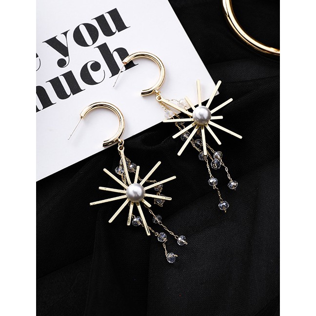 LRC Anting Tusuk Fashion Gold Sun Flower Crystal Fringe Pearl Earrings F54867