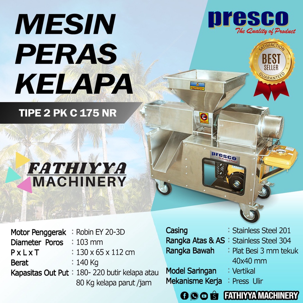 Mesin Peras Santan Kelapa Merek Presco Ukuran 2 PK Standard (Kapasitas 180-200 Butir Perjam