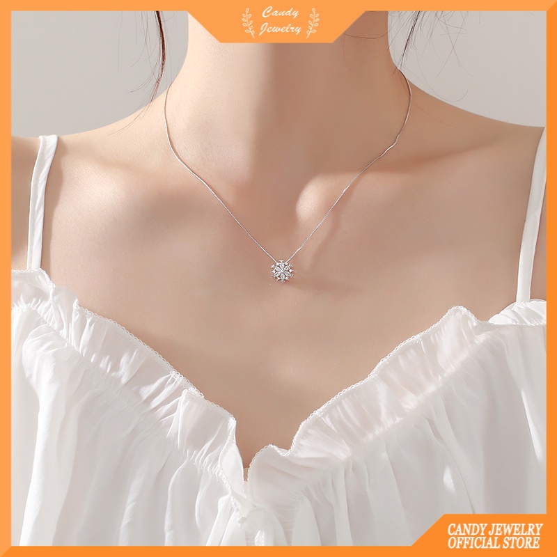 Kalung Rantai Sterling Silver 925 Rose Gold Hias Liontin Snowflake Glitter Untuk Wanita