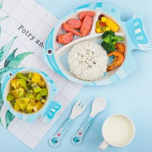 Alat Makan Anak Bamboo Fiber Karakter Food Grade BPA FREE / Bamboo Kids Set 5 in 1 Peralatan Makan Anak