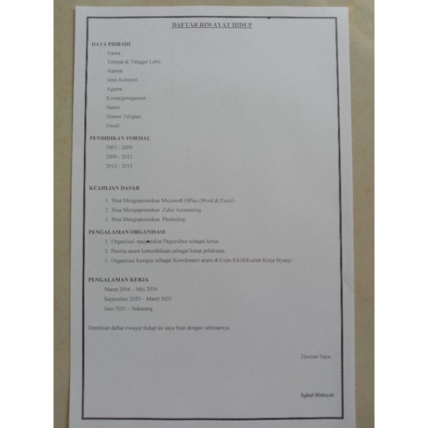 

Daftar Riwayat Hidup isi 10 lembar