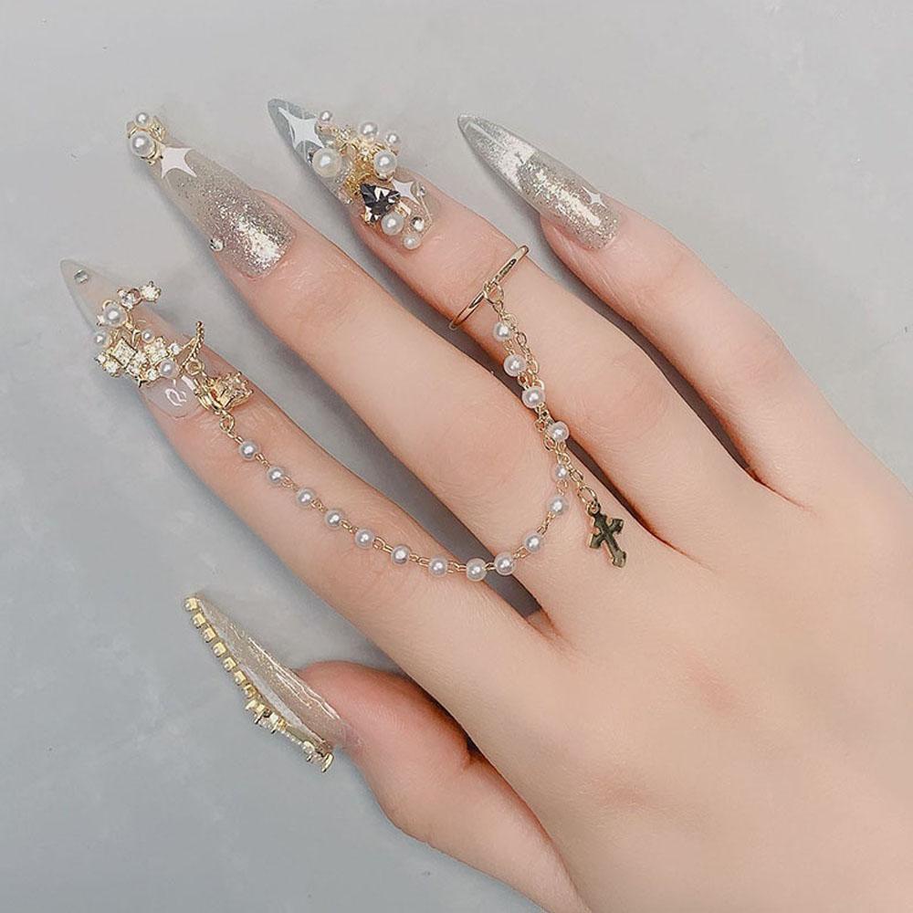 AUGUSTINA Agustin 3D Nail Art Rhinestones Fashion Rantai Manikur Aksesoris Mutiara Paduan Liontin