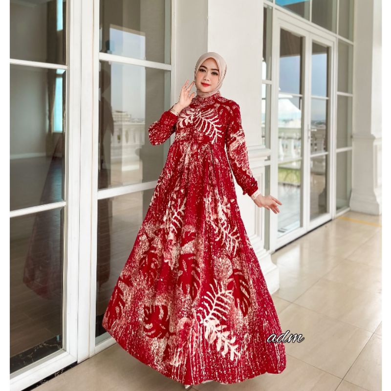 SHALDA BATIK/Red Leaf Dress/ Gamis Twill Merah Terbaru 2025 / Gamis Rayon Candi Mekar S, M, L, XL da