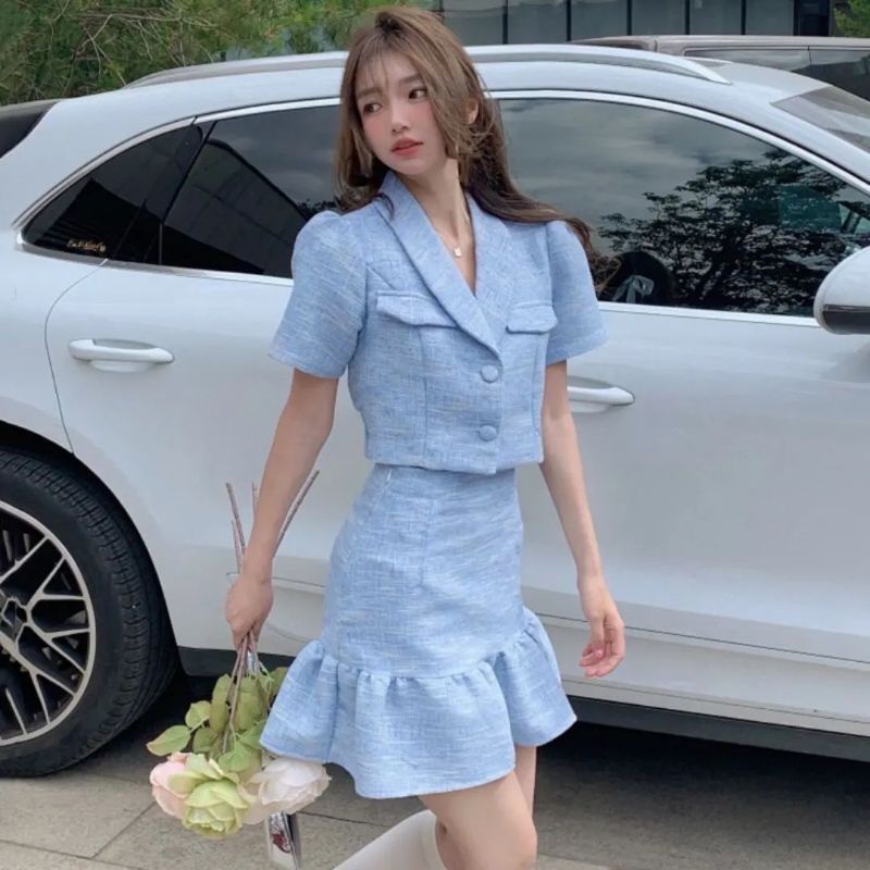 KOREAN SET SKIRT SET IMPORT CROP BLAZER MIDO SET
