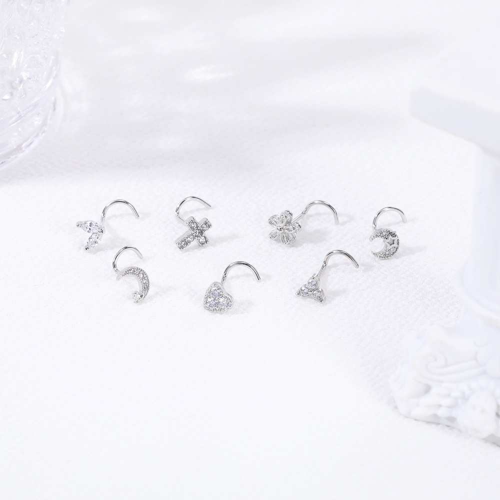 1pc Anting Tindik Hidung Bentuk Bulan Hati Bahan Stainless Steel Hias Kristal Zircon