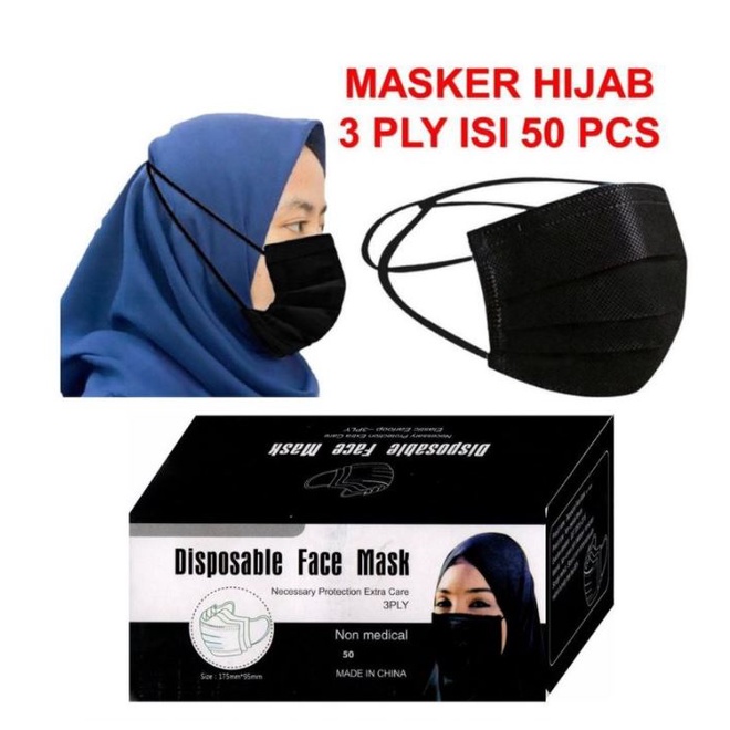 Masker Hitam Hijab isi 50pcs &amp; 10Pcs IMPORT KPOP IDOL Jilbab Fashion Artis Korea 3ply masker Headloop