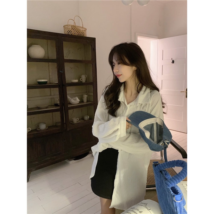 Kemeja Lengan Panjang Wanita Terbaru Crinkle Shirt Oversize Korean Style Blouse Import