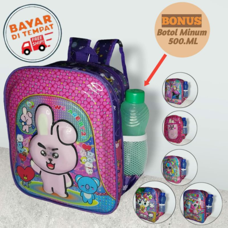 Tas anak perempuan Ransel Lampu nyala LED anak TK paud timbul 3D Hello Kitty Boba Bts Bt21 Unicorn prozen