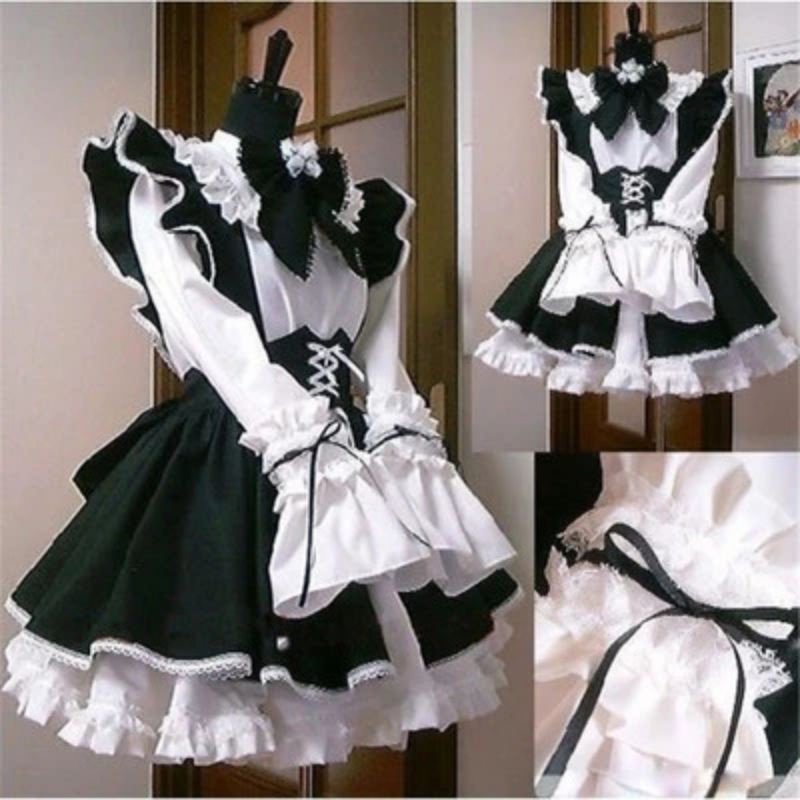 Pakaian Pembantu Wanita Gaun Panjang Anime Gaun Celemek Hitam dan Putih Gaun Lolita Kostum Kafe Pria