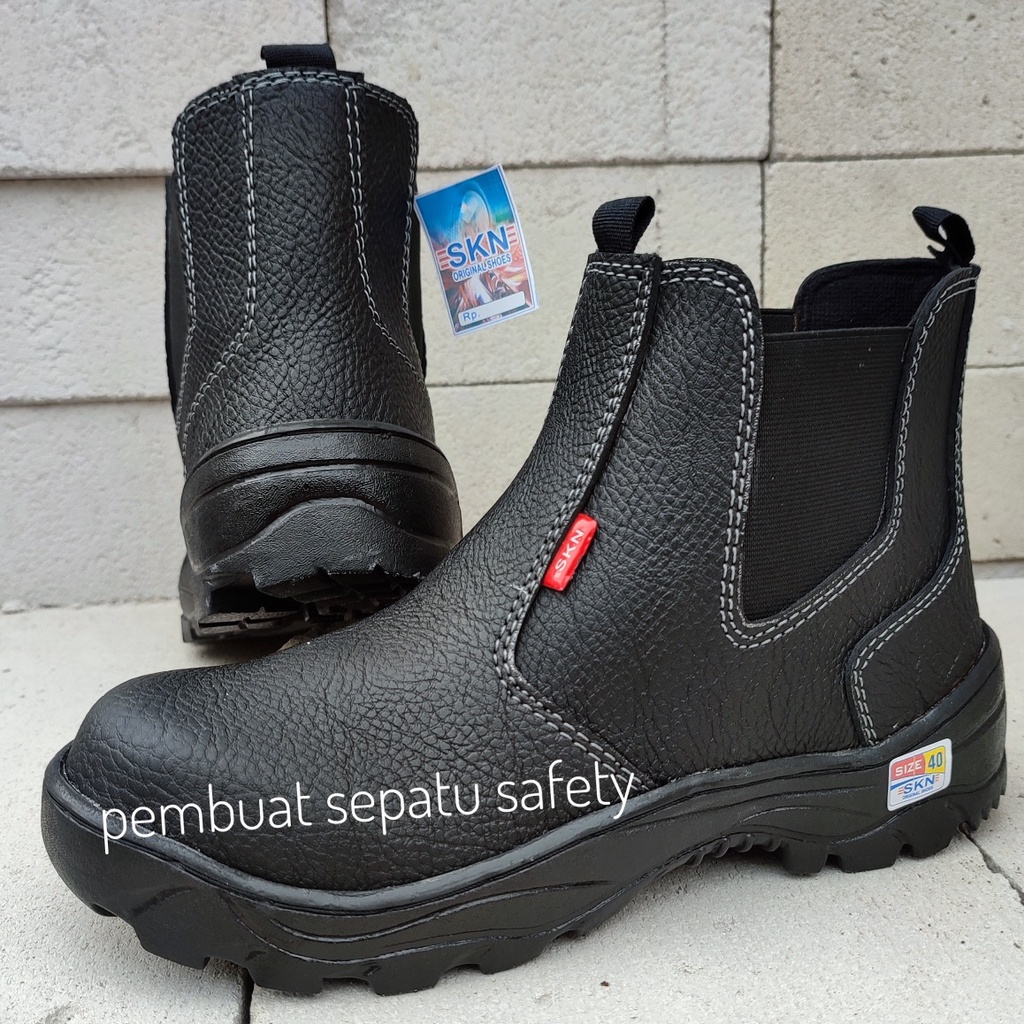 Sepatu Safety Elastis Slip On Boot King Skn Kulit Buatan Import Ujung Besi Terlaris Termurah Keselamatan Kerja Pabrik Pom Bengkel Batubara Proyek