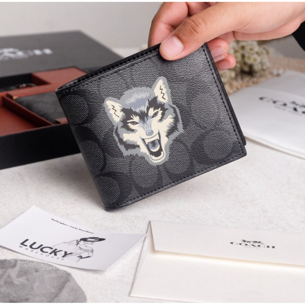 Coach Men Double Billfold Wallet In Signature Canvas With Wolf - ORI