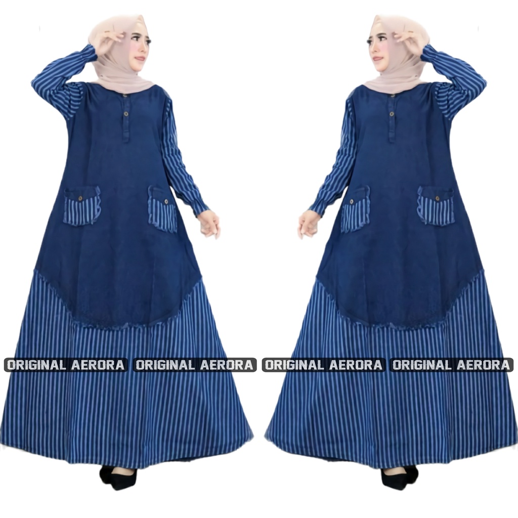 Baju Gamis Dress Jeans Jins Denim Wanita Terbaru 2023 Kondangan Busui Motif Kotak Salur Premium Kekinian Ld 110 P 137 New Giania Maxy Allsize