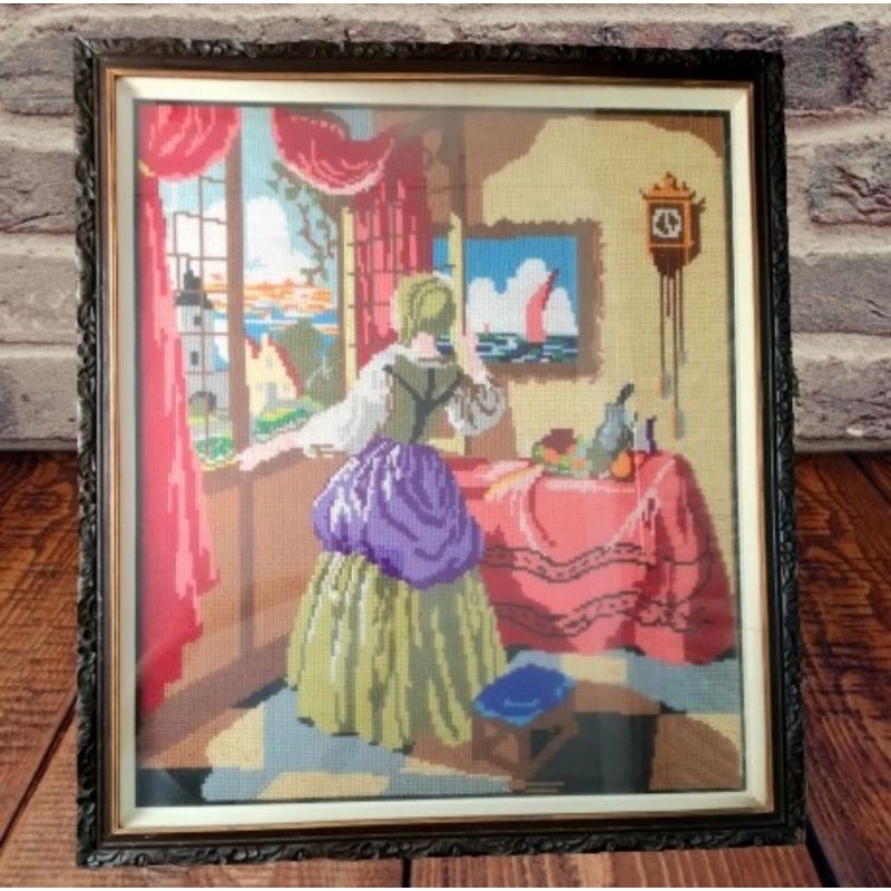 Lukisan Kristik Vintage Seni Benang Wol Sulam