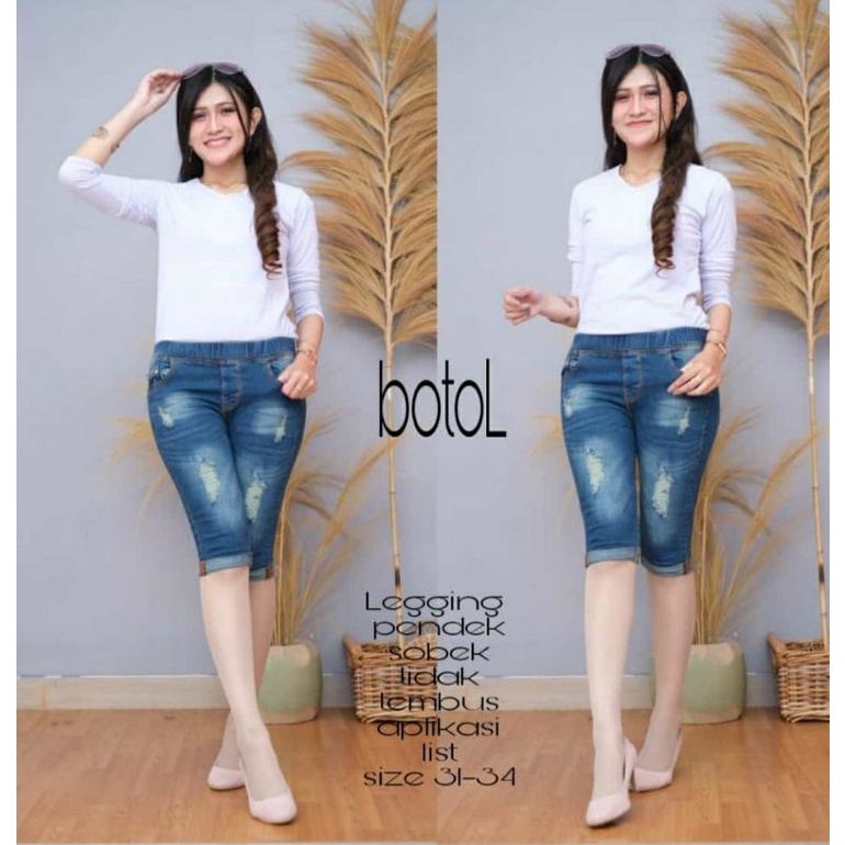 celana jeans pendek wanita jeans 7/8 list legging jeans pinggang kolor rip jeans sobek street