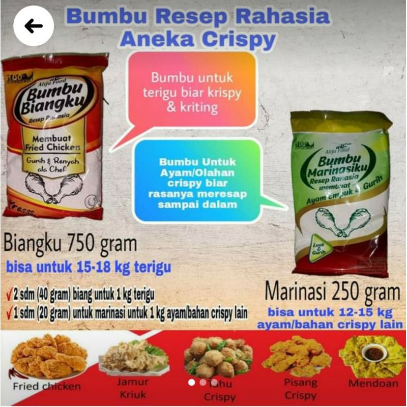 

Paket Biangku 750 gr dan Marinasiku 250 gr untuk aneka olahn crispy dan friedchicken.