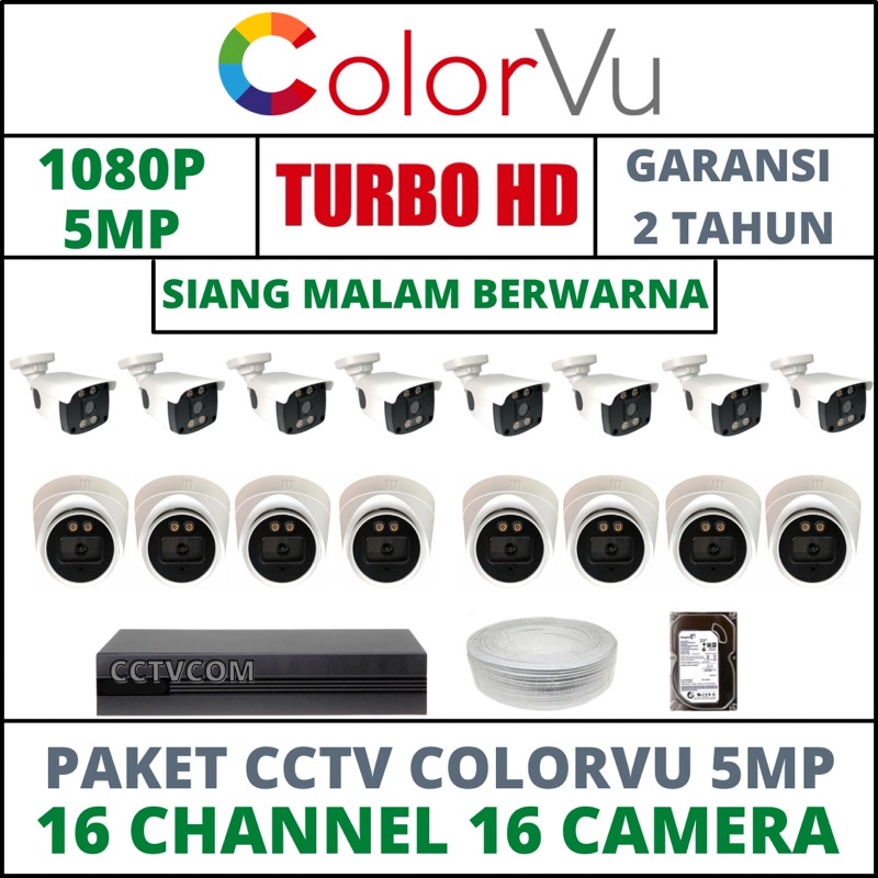 * PAKET CCTV COLORVU - SIANG MALAM BERWARNA 16 CHANNEL 16 KAMERA 5MP IC SONY 1080P KOMPLIT