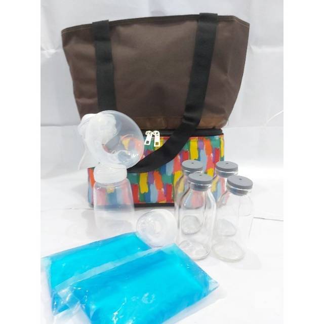 Paket Pompa Asi Manual + Tas Asi Fashion Mino + 4 btl asi 100 ml + 2 blue gel 200 gr. tas penyimpanan asi / tas baby / diapers baby bag / tas baby murah