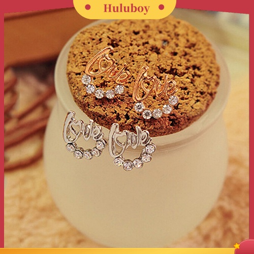 Hu Hu Hu Hu Hu Alat Bantu Pasang Kacamata♡ Anting Tusuk Desain Tulisan Love Hias Berlian Imitasi Gaya Elegan Berkilau Untuk Wanita