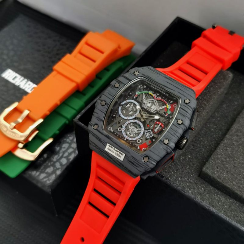 Jam Tangan Pria Richard Mile RM 08 Rubber Tanggal Aktif - Free 1 Tali Box RM Batre Cadangan Original