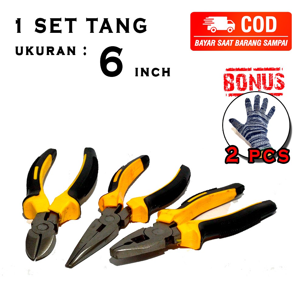 PAKET 3 SET TANG 6 INCH TANG POTONG KOMBINASI LANCIP BONUS SARUNG TANGAN KAIN