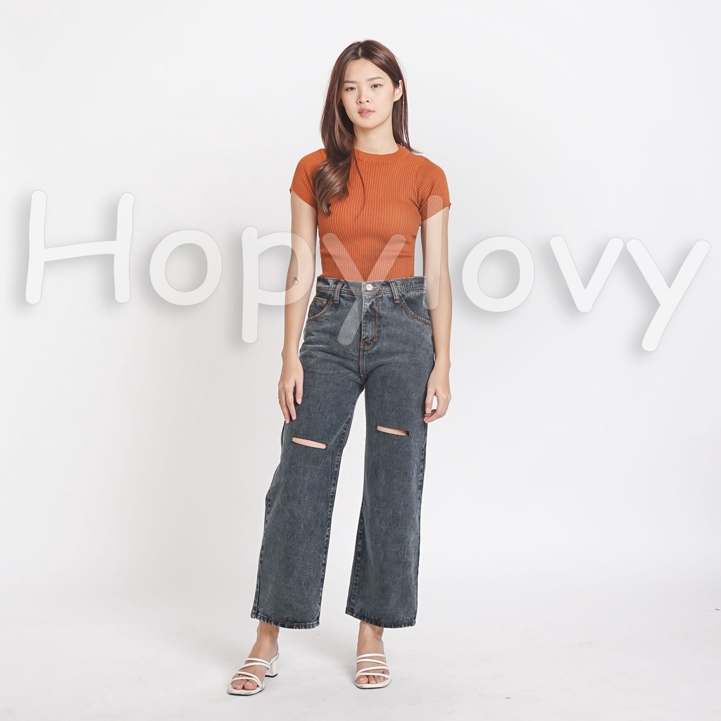 HOPYLOVY Celana Panjang Jeans Kulot Sobek Lutut Wanita Highwaist Jeans Ginela