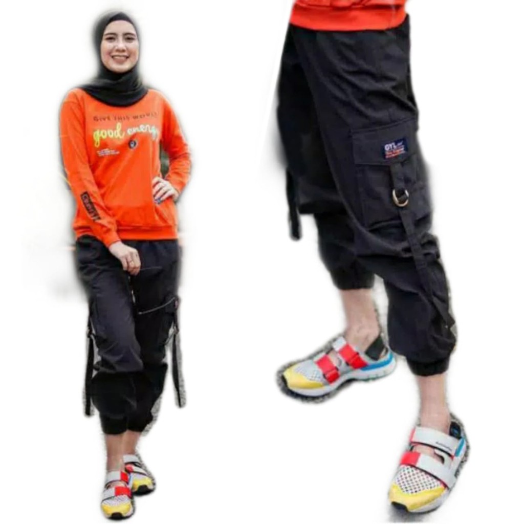 Celana Joger JEVANNI TERLARIS/ celana cargo wanita merah putih