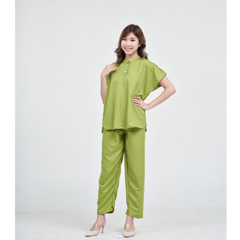 IZANY Piyama ONE SET AEON / Setelan Aeon Lengan Pendek Allsize Plain Polos-GREEN PLAIN
