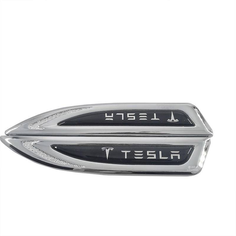 2pcs Stiker Emblem Logo Tesla Bahan Metal Untuk Fender Samping Mobil Tesla