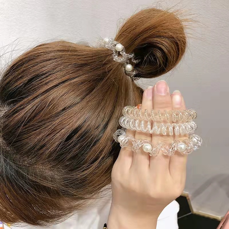 Manik-manik Bulat Bening Kabel Telepon Mutiara Tali Rambut Hiasan Rambut Anak Korea