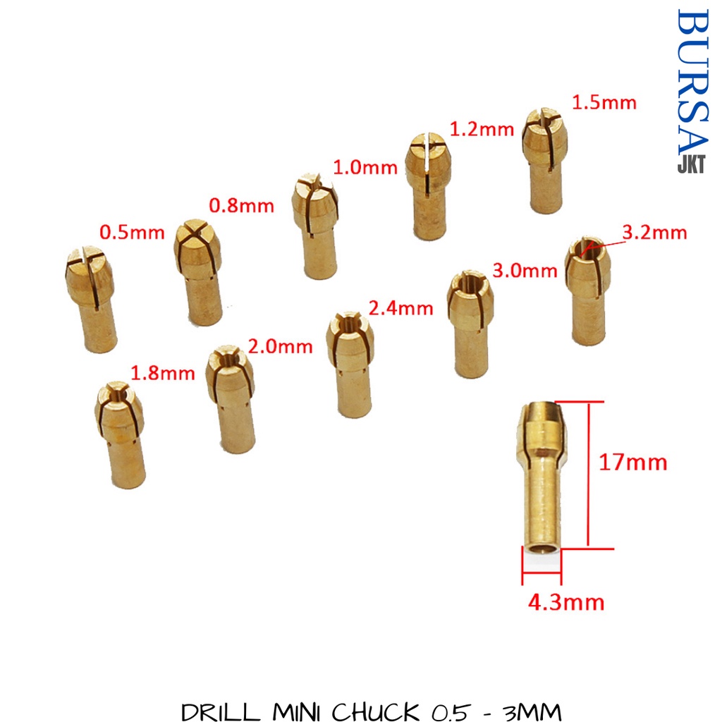 BRASS COLLET KUNINGAN MINI GRINDER DRILL BOR CHUCK 0.5 / 0.8 / 1.0 / 1.6 / 1.8 / 2.0 / 2.2 / 2.4 / 3.0 / 3.2MM